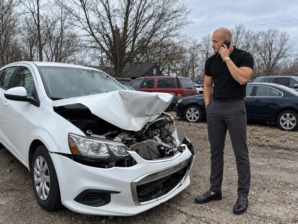 A damaged car beside a person speaking on a phone.