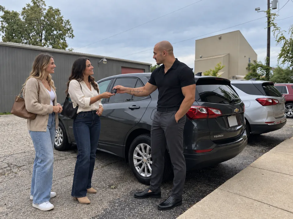 A rental-car owner handing keys to customers beside a vehicle.